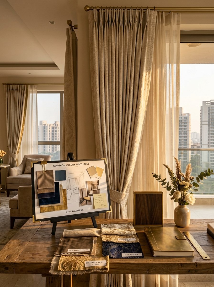 Premium luxury interior design presentation and fabric swatches